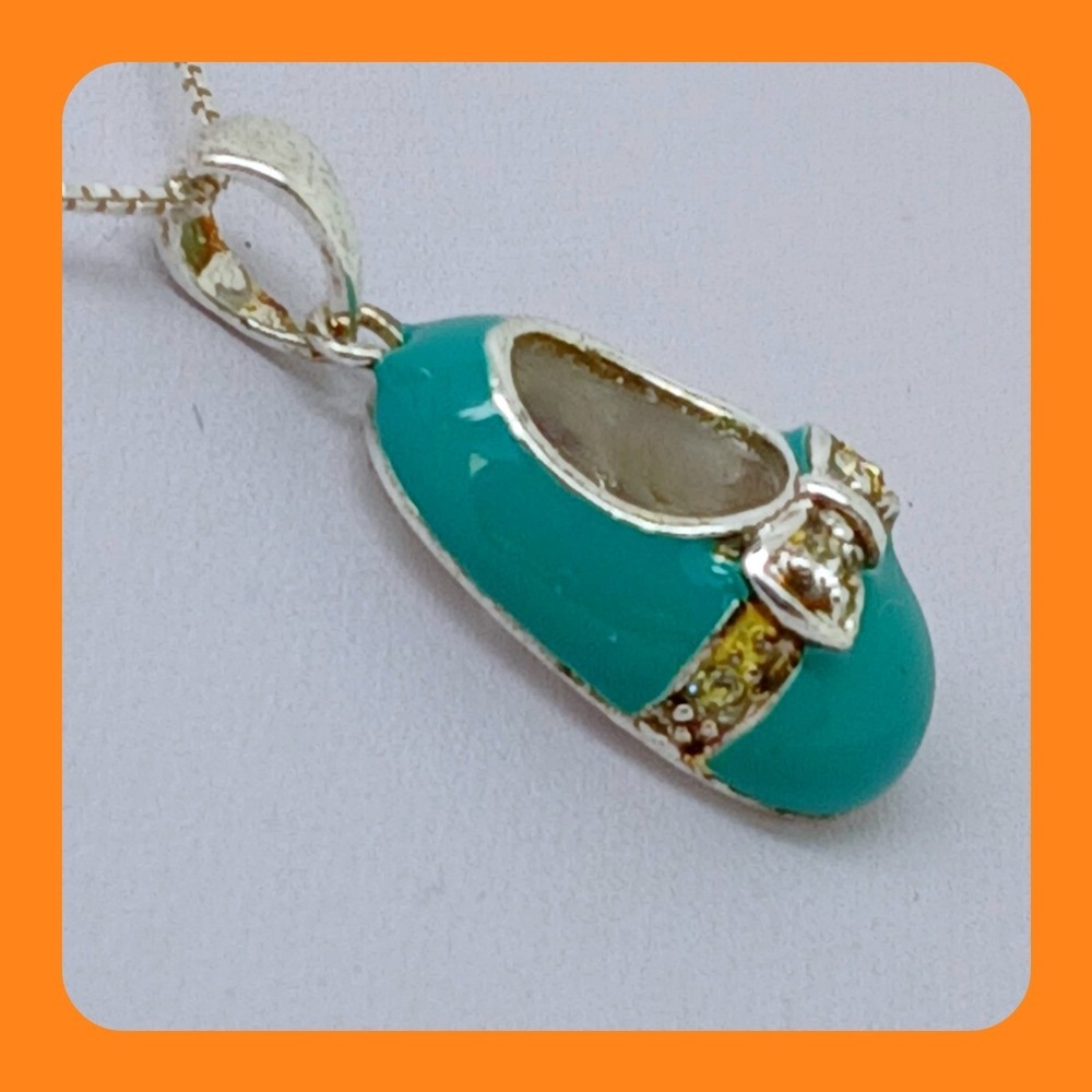 Vintage 90s Sterling Silver Teal Enamel Baby Shoe Pendant Necklace 18" Chain